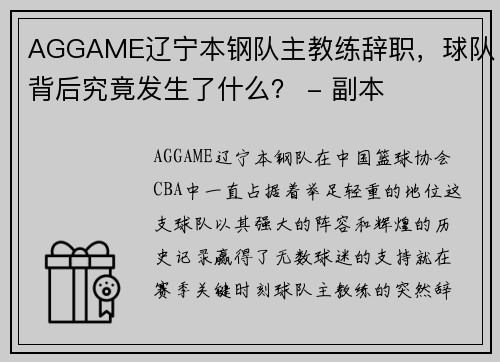 AGGAME辽宁本钢队主教练辞职，球队背后究竟发生了什么？ - 副本