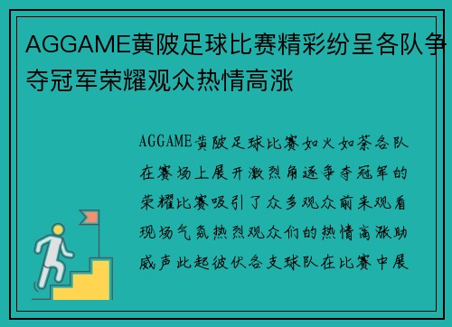 AGGAME黄陂足球比赛精彩纷呈各队争夺冠军荣耀观众热情高涨