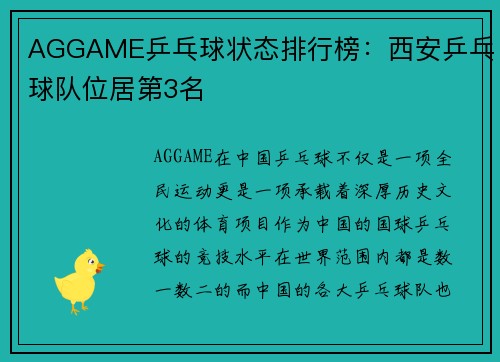 AGGAME乒乓球状态排行榜：西安乒乓球队位居第3名