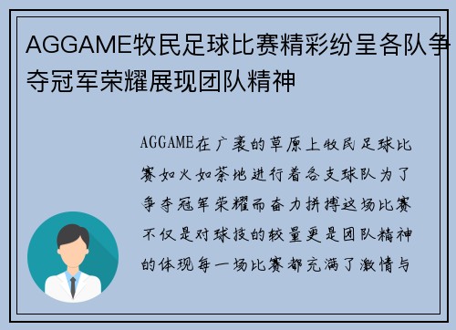AGGAME牧民足球比赛精彩纷呈各队争夺冠军荣耀展现团队精神