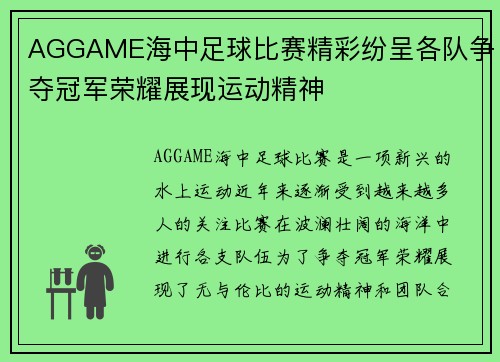AGGAME海中足球比赛精彩纷呈各队争夺冠军荣耀展现运动精神